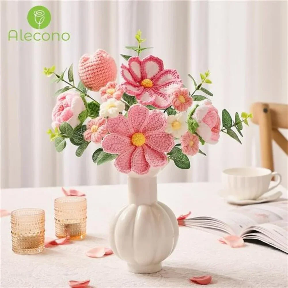 Crochet Flower Bouquet Handmade Pink Knitted Tulips Roses Gifts for Birthday Mot